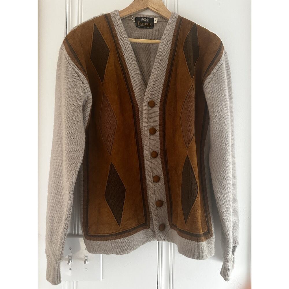 Vintage 70s Campus Suede‎ Panel Cardigan Sweater Mens M Western Ranch Boho USA